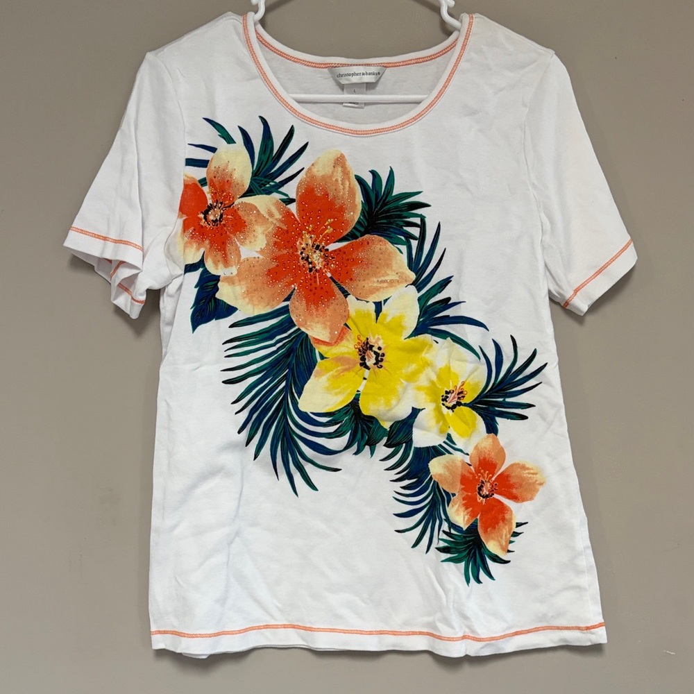 Christopher & Banks White Top with Orange and Yellow Floral Design